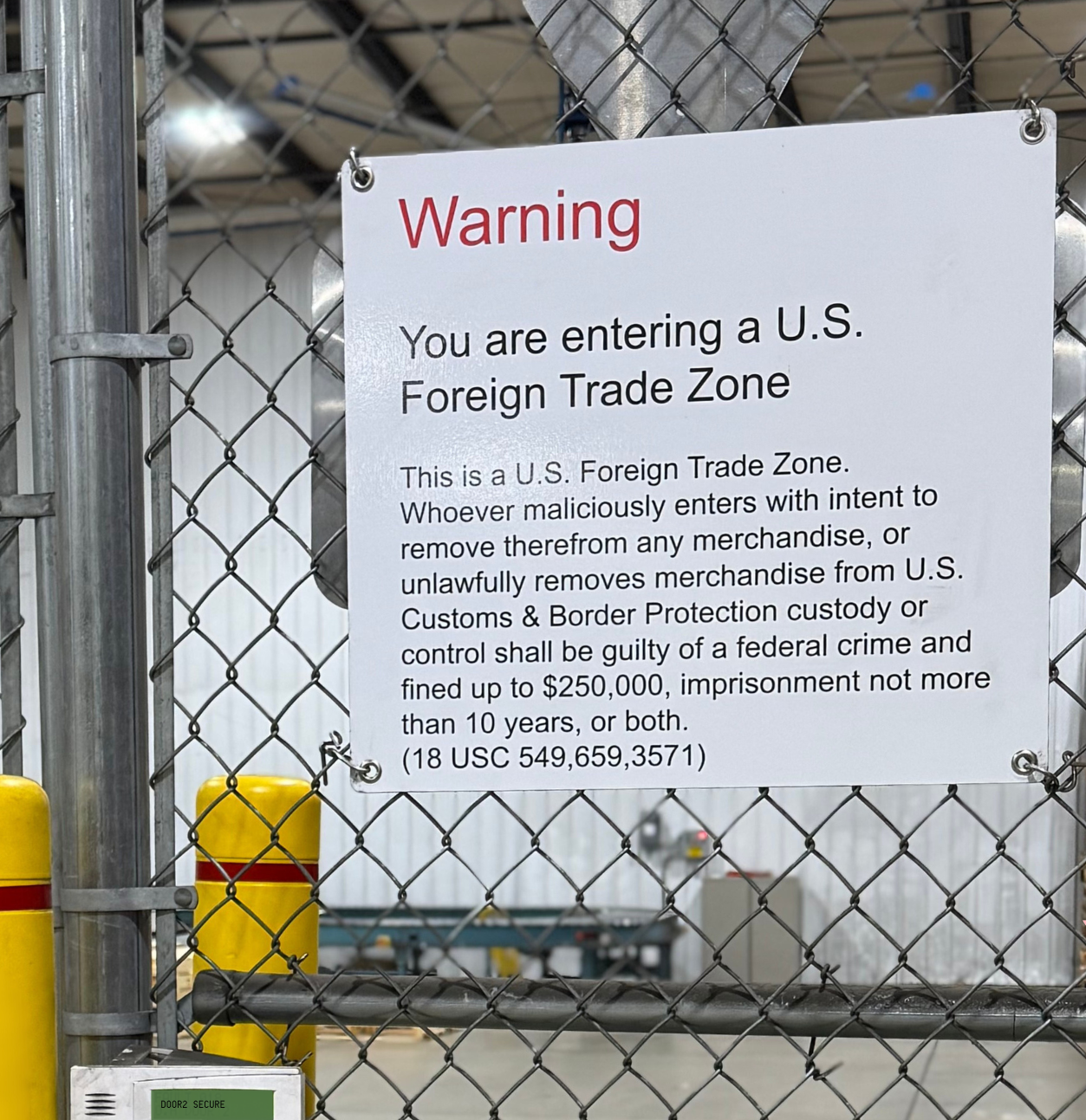 FTZ Foreign Trade Zone Fenced area at Inontime in Zeeland, Michigan warehouse.